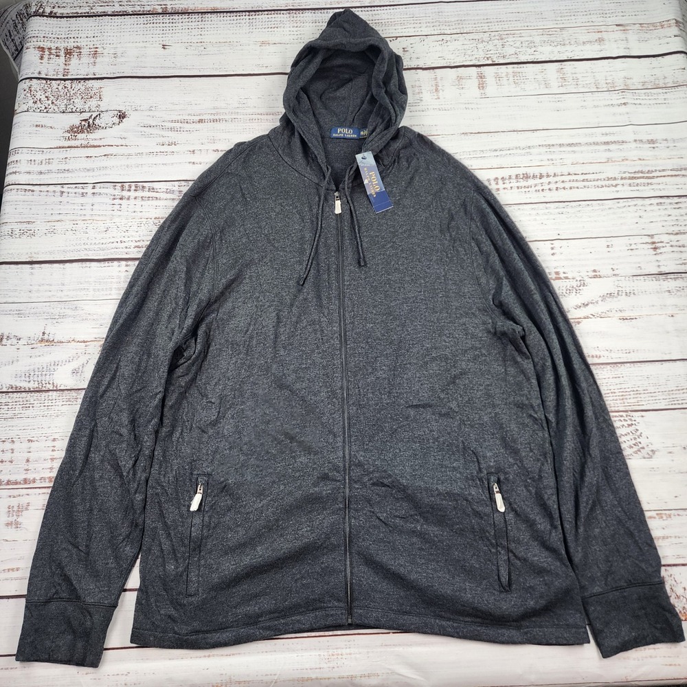 NWT Polo Ralph Lauren Mens XXL Full Zip Hooded Sweatshirt Black Zipper Pockets.